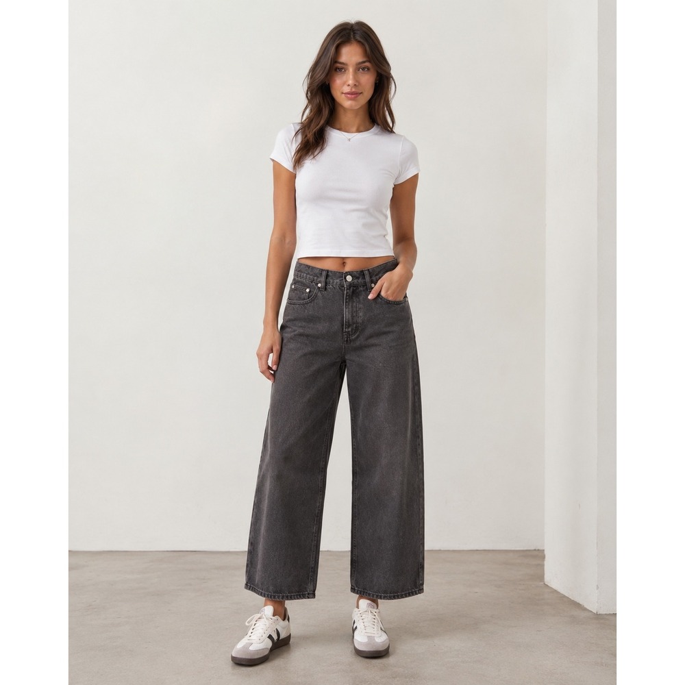 Edikted XS Washed Black Wide Leg Jeans High Rise 100% Cotton Y2K Grunge